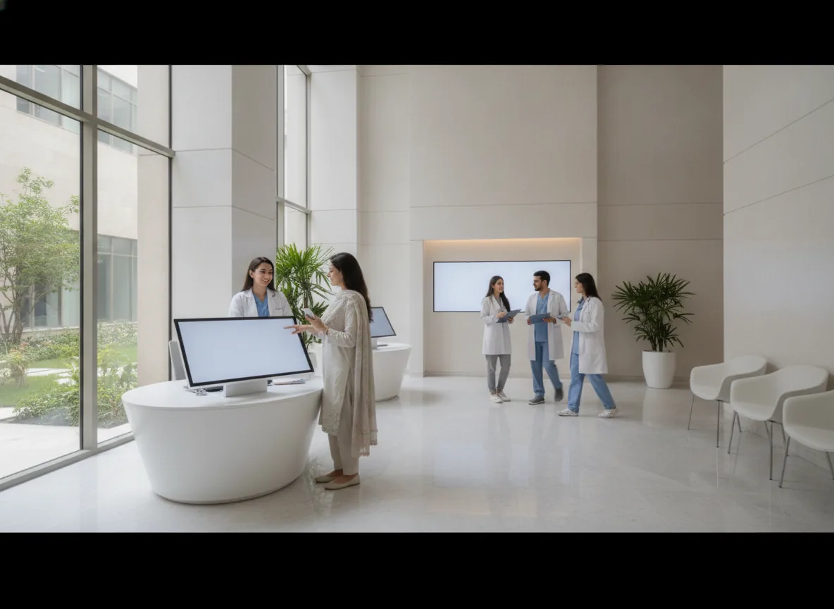 wide real photo of a modern healthcare reception