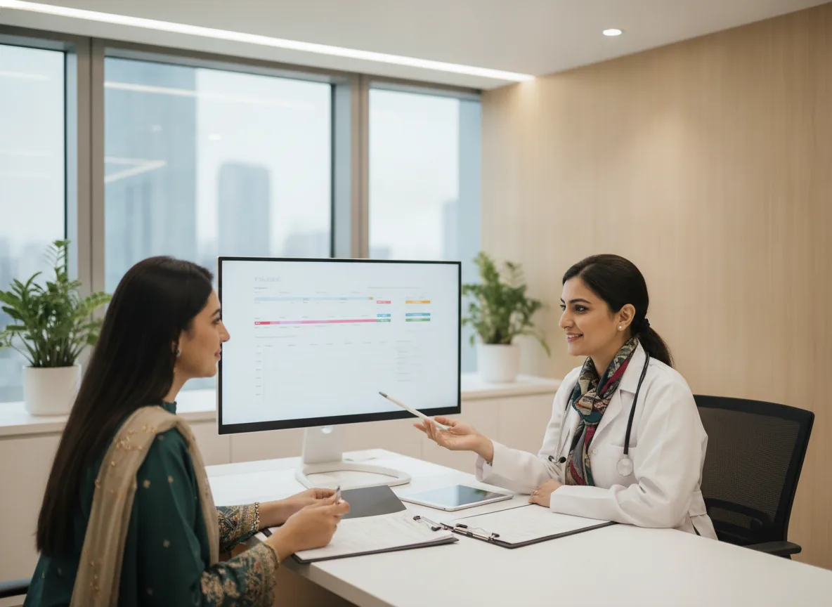 wide real photo of a Pakistani doctor consulting