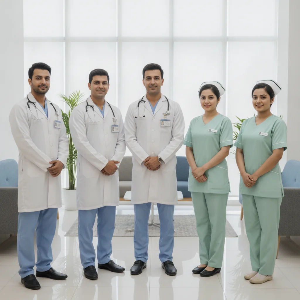 Professional healthcare staff in a modern Pakistani clinic,